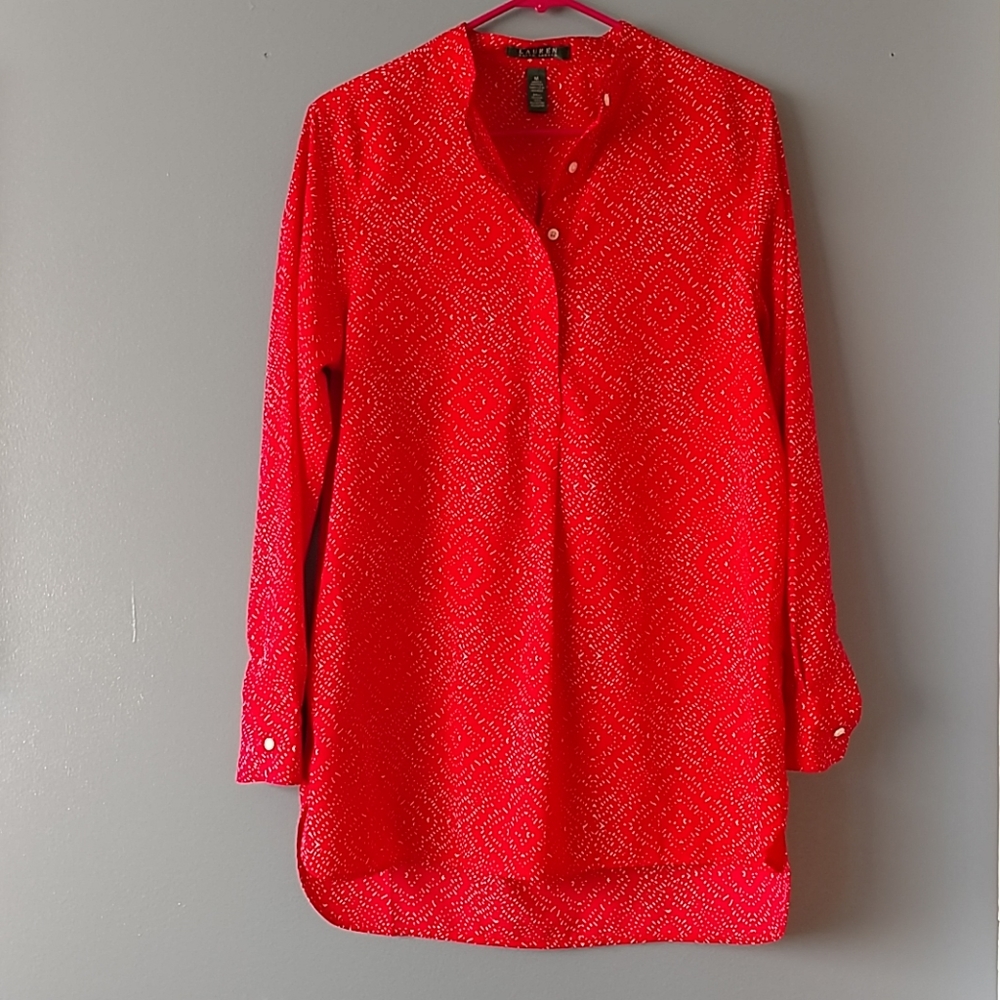 Lauren by Ralph Lauren Collarless Shirt Blouse Red